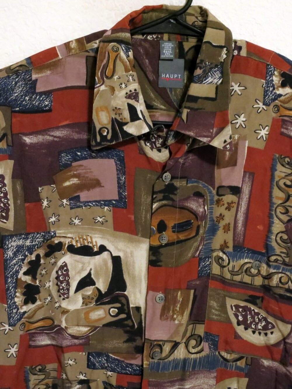 Haupt Shirt Mens  44 XL 17.5 Short Sleeve Button Abstract Print Brown